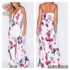 Floral Wrap Front Slit Bottom Maxi Dress